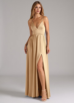 Azazie Aaida Bridesmaid Dresses Champagne A-Line Corset Stretch Satin Dress image4