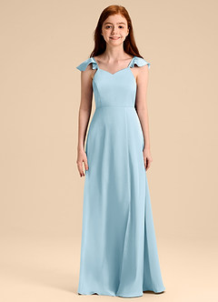 Azazie Everett Junior Vestido de Azul Cielo de Satén Elástico de Corte en A con Lazo image6