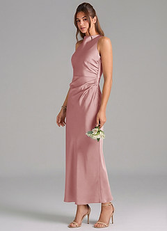 Azazie Evadne 신부 들러리 드레스 쉬스 주름진 스트레치 새틴 발목 길이 드레스 image1