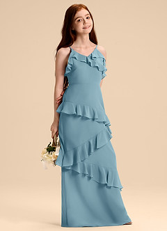 Azazie Evara Junior Abito A-Line in Chiffon Blu Lunatico image6
