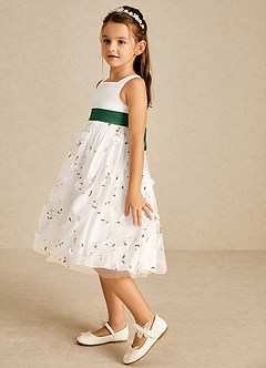 Azazie Pollie Flower Girl Dresses Ivory Dark Green A-Line Bow Tulle Dress image5