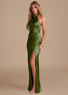 Azazie Jemma Vestidos de damas de honor Vestido de Oliva de Satén Metálico de Corte Recto con Plisado image3