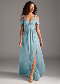 Azazie Lianne Bridesmaid Dresses Moody Blue A-Line Off the Shoulder Stretch Satin Dress image2