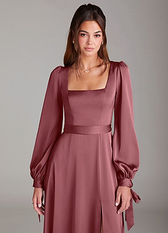 Azazie Leonia Bridesmaid Dresses Desert Rose A-Line Long Sleeve Stretch Satin Dress image6