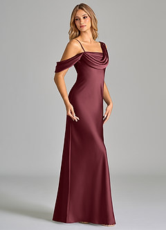 Azazie Celina Bridesmaid Dresses Merlot Sheath Off the Shoulder Stretch Satin Dress image4