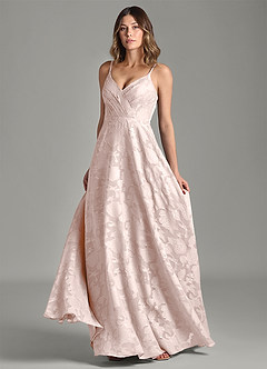 Azazie Amani 신부 들러리 드레스 A라인 주름진 플로럴 번아웃 바닥 길이 드레스 image4