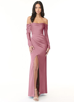 Azazie Hallie Bridesmaid Dresses Vintage Mauve Mermaid Off-The-Shoulder Long Sleeve Stretch Satin Convertible Dress image3