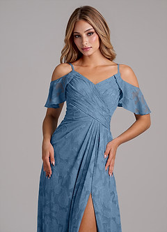 Azazie Dakota Bridesmaid Dresses Steel Blue A-Line Off the Shoulder Floral Burnout Dress image3