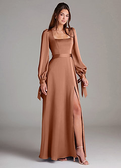 Azazie Leonia Bridesmaid Dresses Bronzer A-Line Long Sleeve Stretch Satin Dress image3