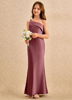 Azazie Almond Girls Formal Sukienki dla dziewczynek sypiących kwiaty Osłona Jedno ramię Satyna elastyczna Długość podłogi Sukienka image3
