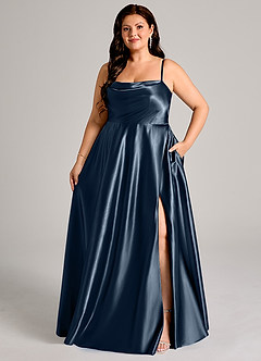 Azazie Elle Bridesmaid Dresses Dark Navy A-Line with Pockets Metallic Satin Dress image7