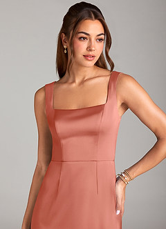 Azazie Flori Bridesmaid Dresses Salmon Pink Sheath Side Slit Stretch Satin Dress image5