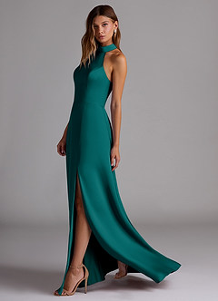 Azazie Myra Bridesmaid Dresses Peacock A-Line Side Slit Stretch Satin Dress image5