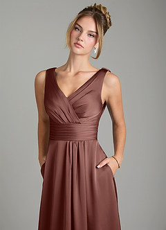 Azazie Karina Bridesmaid Dresses Espresso A-Line Pleated Stretch Satin Dress image7