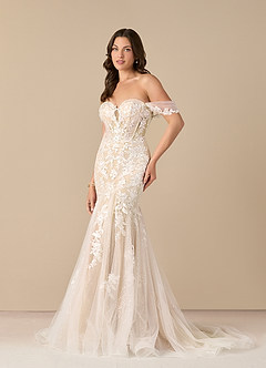 Azazie Leilani Wedding Dresses Diamond White Champagne Mermaid Sequins Tulle Dress image2