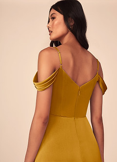 Azazie Ocean Bridesmaid Dresses Butterscotch A-Line V-Neck Pleated Stretch Satin Dress image5