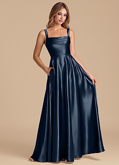 Azazie Shaude Bridesmaid Dresses Dark Navy A-Line Pleated Metallic Satin Dress image3