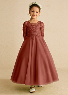 Azazie Precious Robe Demoiselle D'honneur Fillette Robe Trapèze en Tulle Dentelle Auburn image4