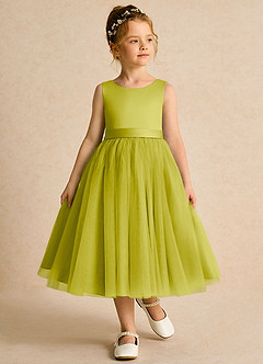 Azazie Pear vestidos de niña de las flores Vestido de Hierba De Limón de Tul de Corte Princesa con Lazo image4