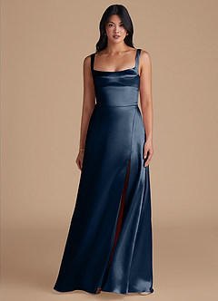 Azazie Hope Bridesmaid Dresses Dark Navy A-Line with Pockets Metallic Satin Dress image2