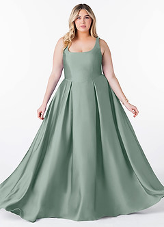Azazie Neve Bridesmaid Dresses Silver Sage Ball-Gown with Pockets Stretch Satin Dress image10