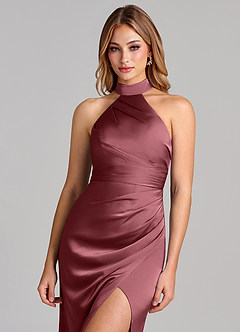 Azazie Karlotta Robes de demoiselle d'honneur Robe Fourreau en Satin extensible Plissée Rose Du Désert image6