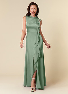 Azazie Narine Mother of the Bride Dresses Matcha A-Line High Neckline Pleated Stretch Satin Dress image3