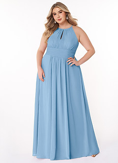 Azazie Bonnie Brautjungfernkleider A-Linie Schlüsselloch Gerüscht Chiffon Kleid Puderblau image6