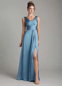 Azazie Karina Robes de demoiselle d'honneur Robe Trapèze en Satin extensible Plissée Acier Bleuté image6