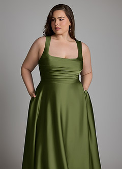 Azazie Azaria Vestidos de madrinha de casamento Vestido Oliva de Cetim elástico de Linha A com Corpete image12