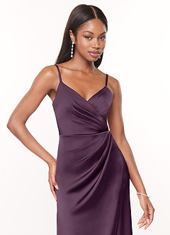 Azazie Maci Bridesmaid Dresses Plum A-Line V-Neck Pleated Stretch Satin Dress image8