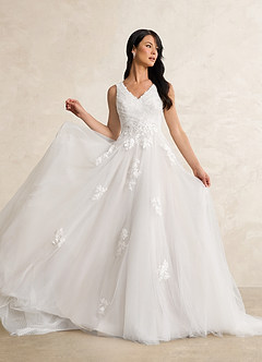 Azazie Alemia Wedding Dresses Diamond White A-Line Lace Tulle Dress image3