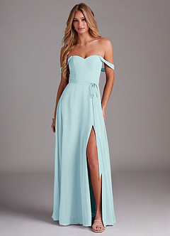 Azazie Aaron Bridesmaid Dresses Sea Glass A-Line Off the Shoulder Chiffon Convertible Dress image1