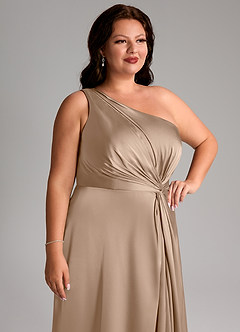 Azazie Brooke Bridesmaid Dresses Taupe A-Line One Shoulder Stretch Satin Dress image13