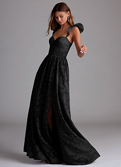 Azazie Denisse Bridesmaid Dresses Black A-Line Ruched Floral Burnout Dress image2