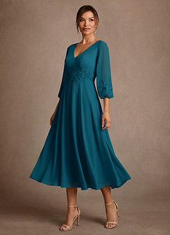 Azazie Ana Vestidos para mãe da noiva Vestido Tinta Azul de Chiffon de Linha A com Renda image4