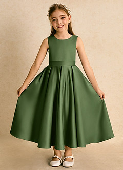 Azazie Junebuj Robe Demoiselle D'honneur Fillette Robe Princesse en Mat Satiné Plissée Olive image4