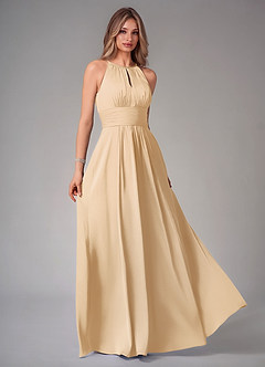Azazie Bonnie Bridesmaid Dresses Gold A-Line Pleated Stretch Satin Dress image1