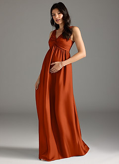Azazie Yetta Maternity Bridesmaid Dresses A-Line Pleated Stretch Satin Floor-Length Dress image1