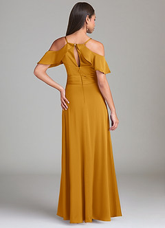 Azazie Dakota Bridesmaid Dresses Butterscotch A-Line Off the Shoulder Stretch Satin Dress image2