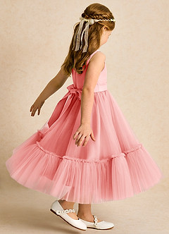 Azazie Miracle Blumenmädchenkleider A-Linie Schleifen Matte Satin Kleid Koralle image5