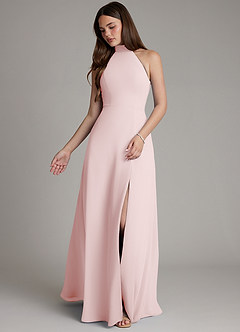 Azazie Myra Bridesmaid Dresses Blushing Pink A-Line High Neck Chiffon Dress image4