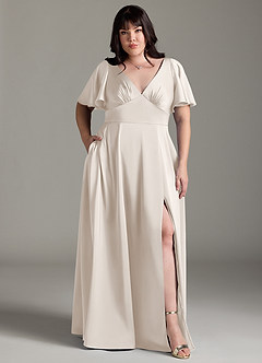 Azazie Kimber Bridesmaid Dresses White Alabaster A-Line Ruched Stretch Satin Dress image7