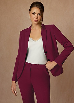 front Whitney Burgundy Structured Stretch Full Length Pants Suit
