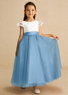 Azazie Pookie Flower Girl Dresses Steel Blue A-Line Lace Tulle Dress image4