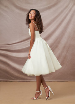 Azazie Gelsey At-home Try On Dresses Cream A-Line Sweetheart Neckline Tulle Dress image3
