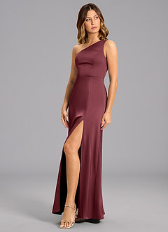 Azazie Feby Vestidos de damas de honor Vestido de Merlot de Satén Elástico de Corte en A con Hombro unilateral image3