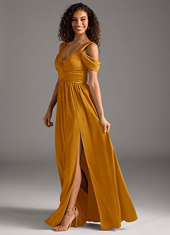 Azazie Lianne Bridesmaid Dresses Butterscotch A-Line Off the Shoulder Stretch Satin Dress image7