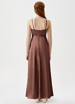 Azazie Kaylee Junior Espresso A-Line with Belt Metallic Satin Dress image2