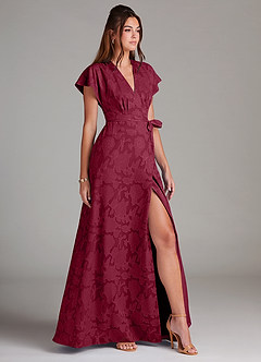 Azazie Ling Bridesmaid Dresses Burgundy A-Line Pleated Floral Burnout Dress image4